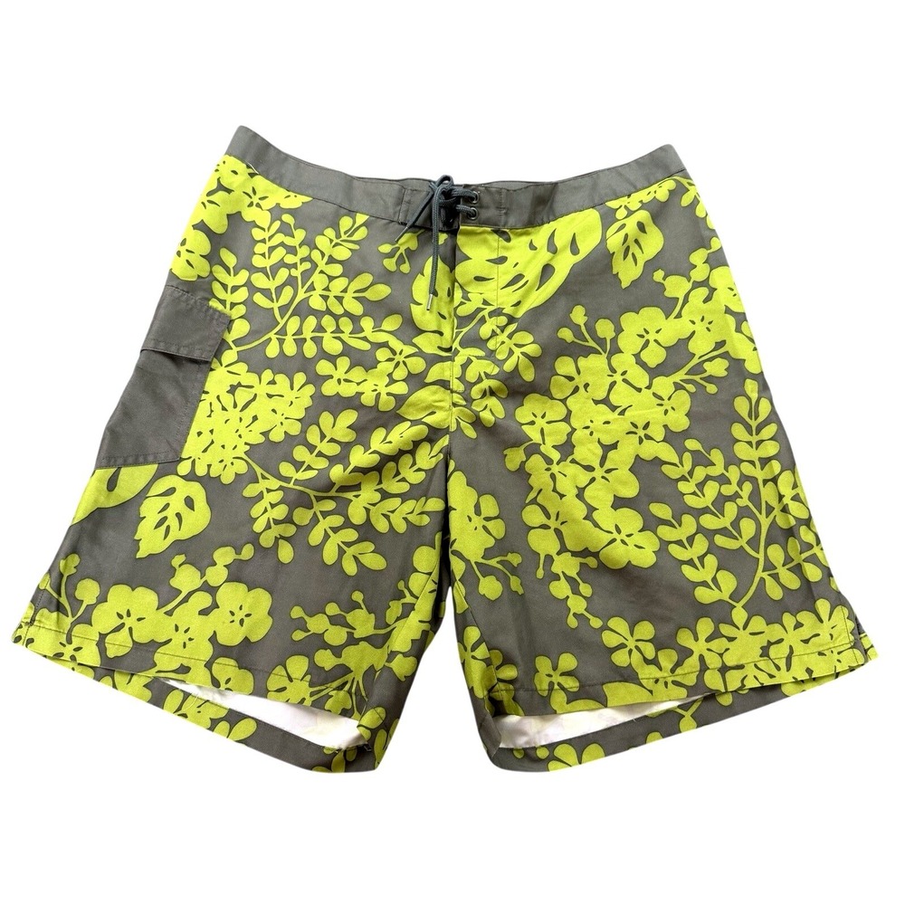 J.Crew‎ Floral Board Shorts Swim Trunks Olive Green Yellow Drawstring Size 36